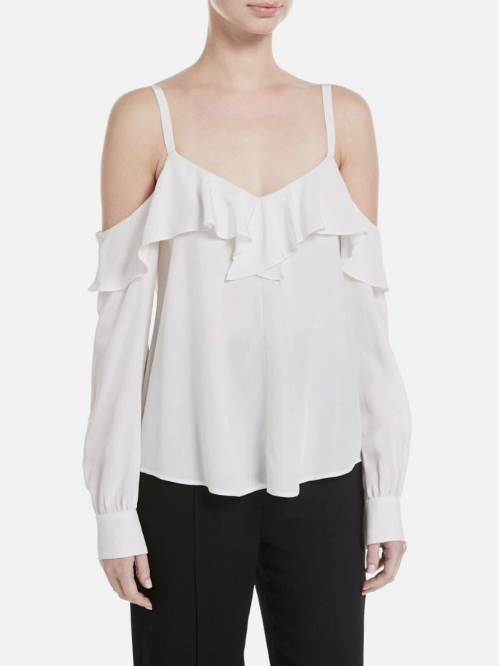 A.L.C. Felix Cold Shoulder Ruffle V-Neck Silk Top Blouse White Size 0